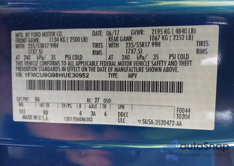 2017 Ford Escape Se from USA, damaged, VIN 1FMCU9G98HUE30952